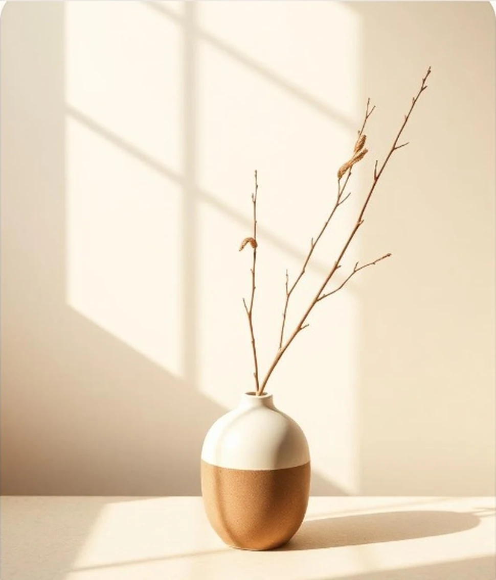 Vaso minimalista iluminado pela luz do sol